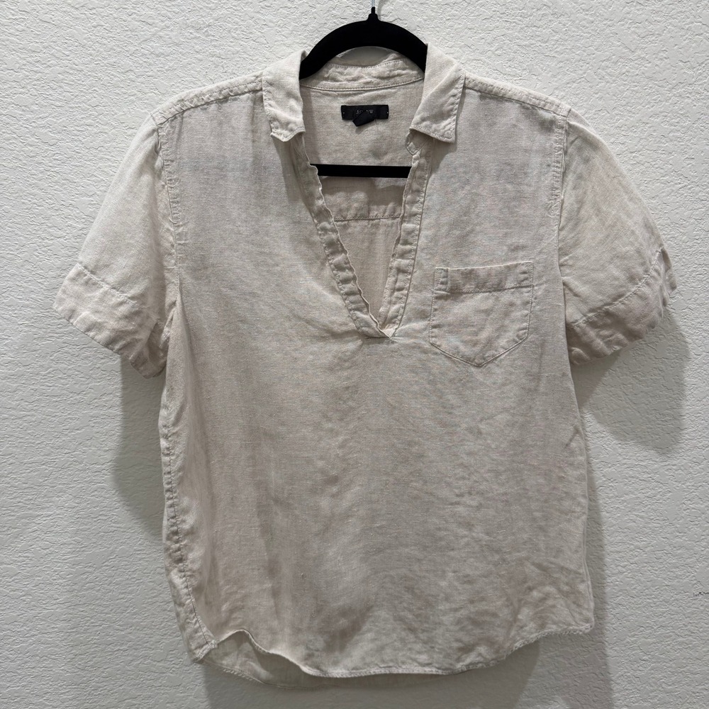 J.Crew Women XS Oatmeal Beige 100% Linen Short Sleeve V-Neck Pocket Top Shirt